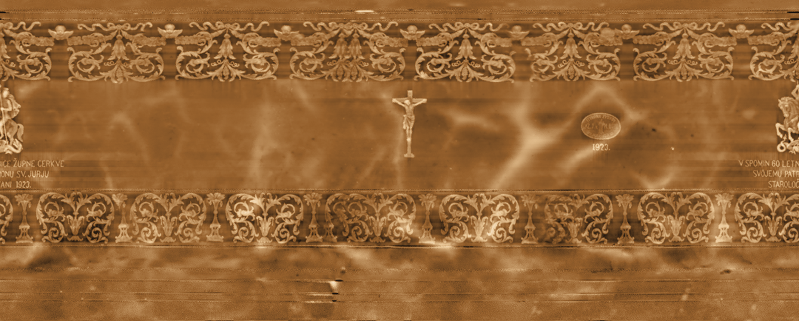 The outer surface of the bell unrolled, showing two friezes, St George, the dedication, a crucifix and the founder's mark
