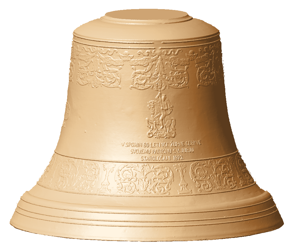 Shaded view of the scanned bell from the side of the St George relief and the dedication